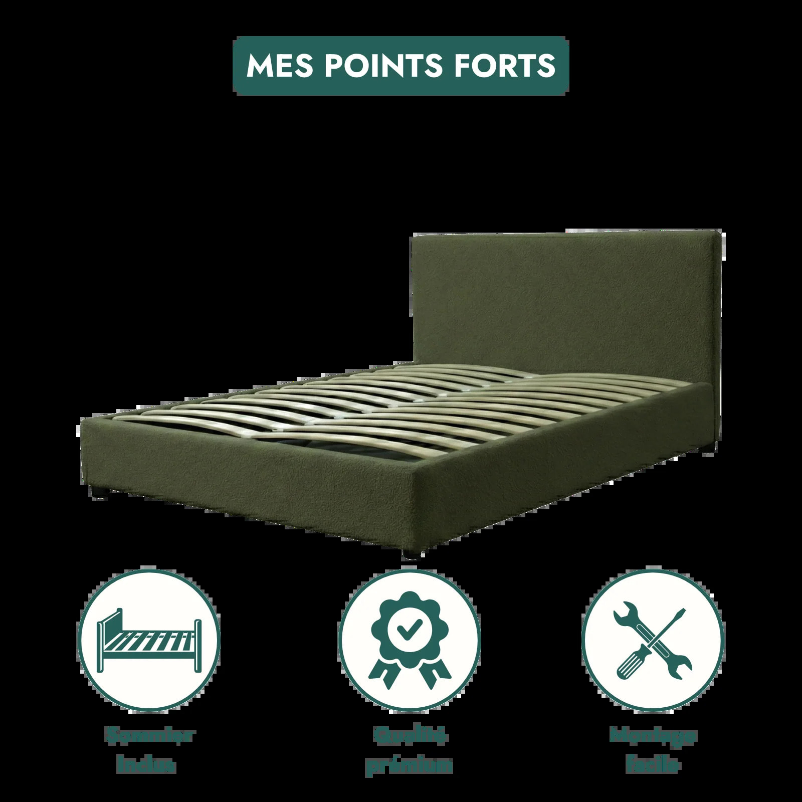 Lit coffre Colisée avec tête de lit | Robuste et confortable | Montage simple rapide | Bouclette | Vert