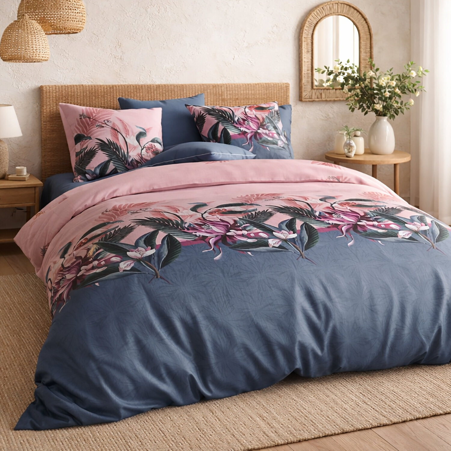 Parure housse de couette imprimé 100% coton - flora - rose
