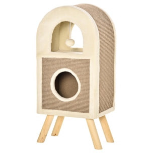 Árbol Rascador para Gatos de 2 Niveles con Cueva de Sisal Natural y Felpa Puerta Arqueada Bola de Juguete y 4 Patas Elevadas de Madera 40x34x91 cm Café