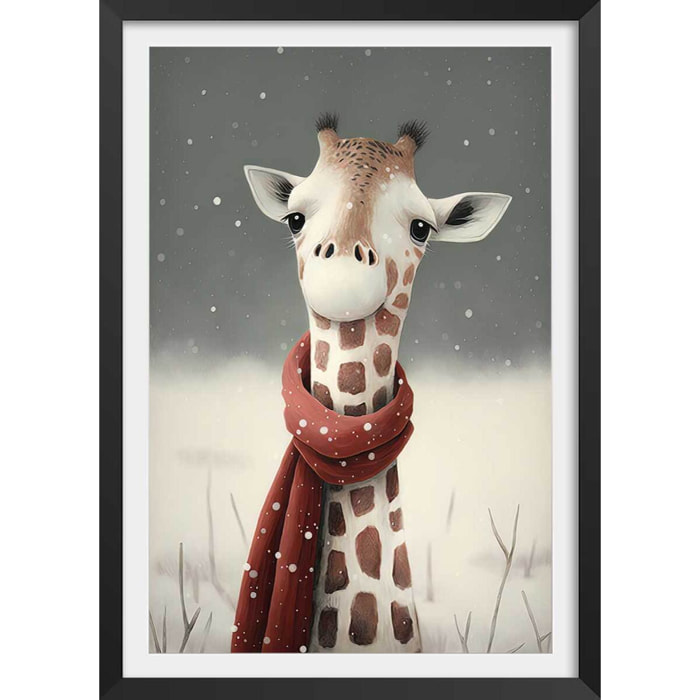 Affiche enfant girafe sous la neige  Affiche + cadre en bois - Noir