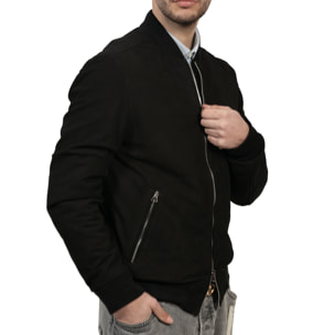 Giubbino in vera pelle di vitello scamosciata Nero-Slim Fit