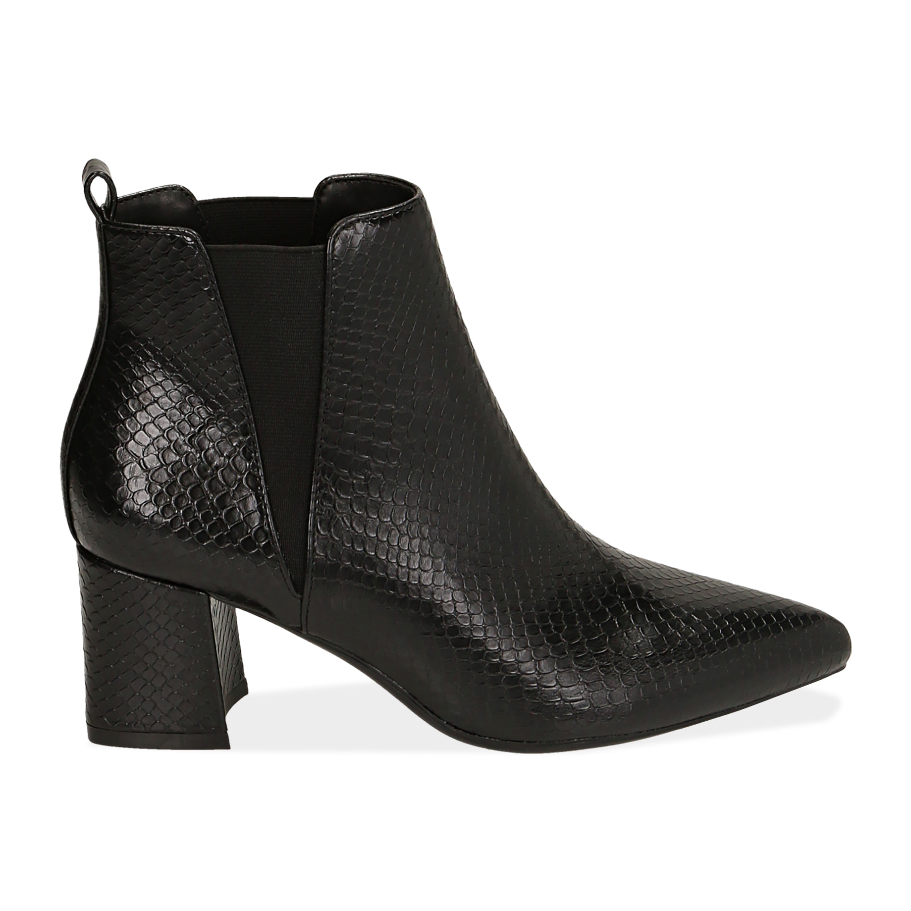 Ankle boots neri stampa vipera, tacco 6 cm