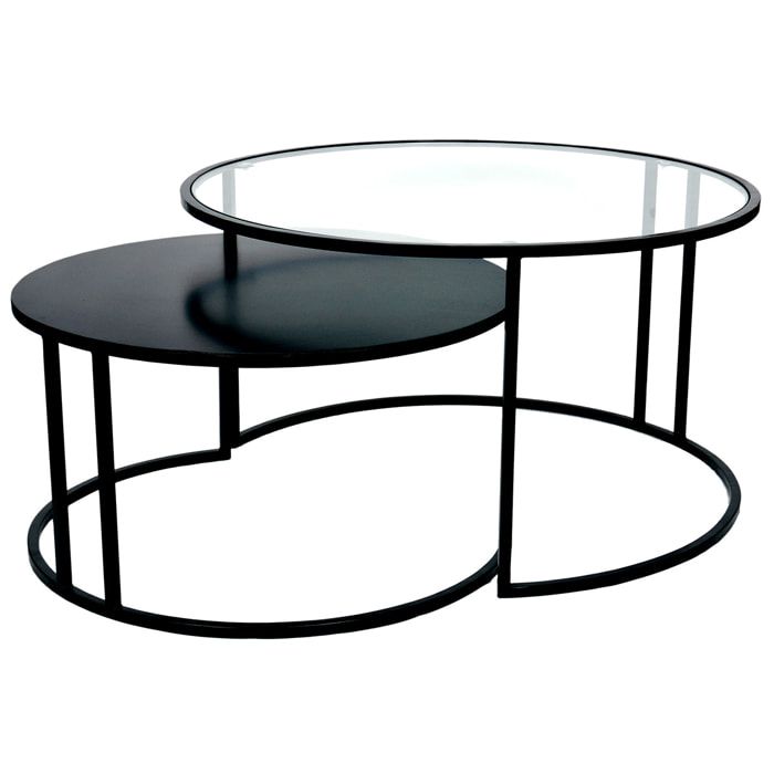 Tables basses gigognes rondes design verre trempé et métal noir TAHL (lot de 2)