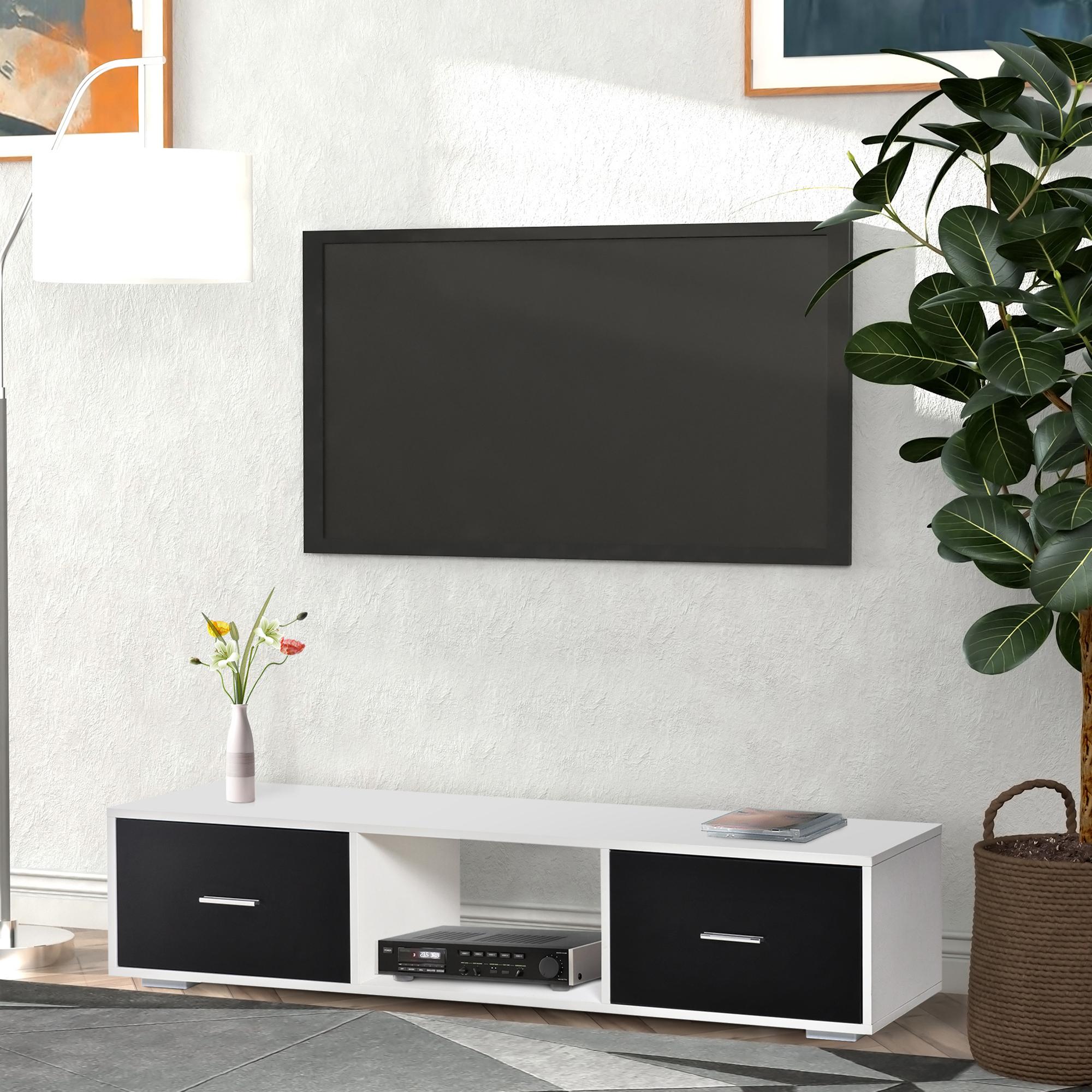 Mueble de TV para Televisores de hasta 60'' Mesa para TV de Salón Estilo Moderno con 2 Cajones y Compartimento Abierto 140x30x32 cm Blanco y Negro