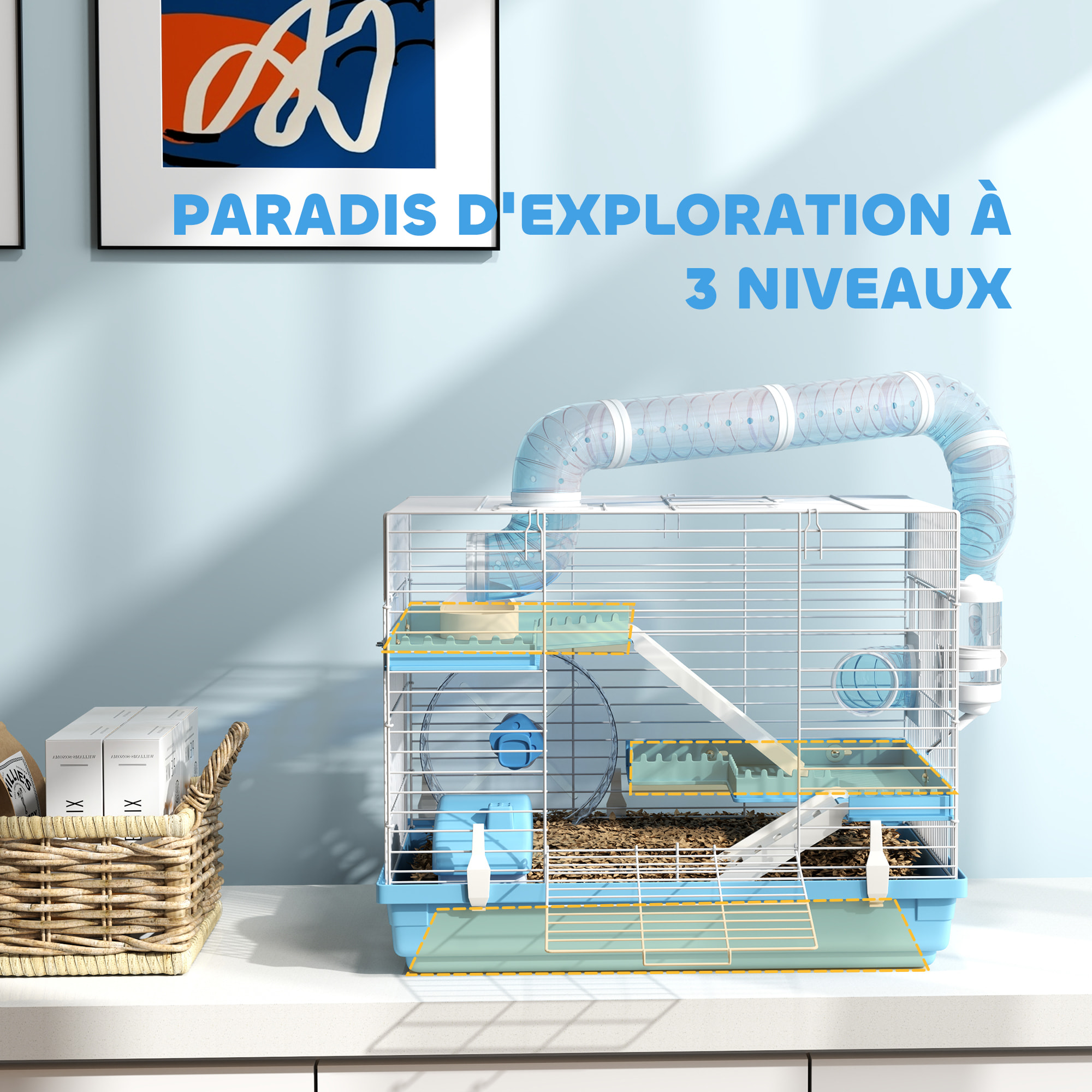 Cage pour hamster portable 2 portes 2 étages nombreux accessoires et tubes blanc bleu