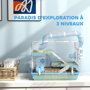 Cage pour hamster portable 2 portes 2 étages nombreux accessoires et tubes blanc bleu