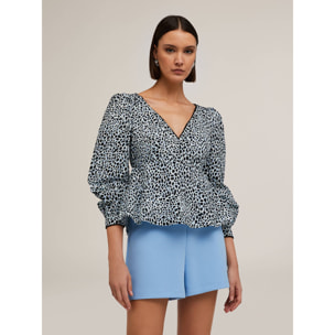 Motivi - Top peplum de manga larga con estampado animal - Light - blue