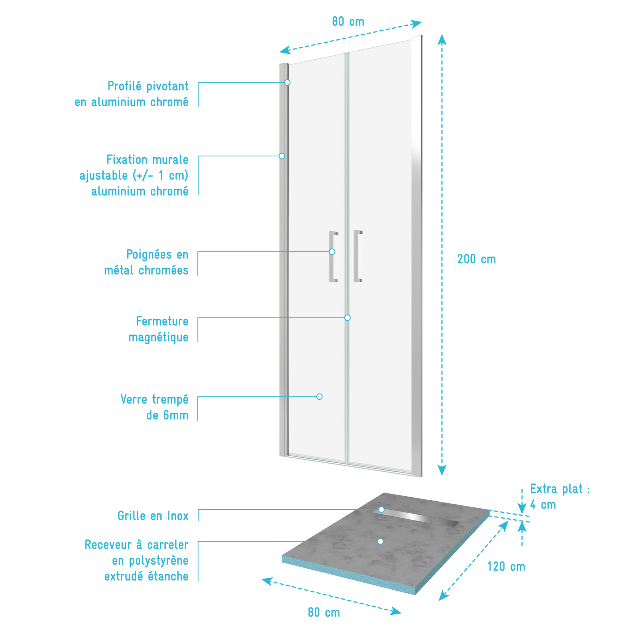 Pack Paroi de douche 80x200 cm + RECEVEUR DE DOUCHE A CARRELER 80x120 RECOUPABLE