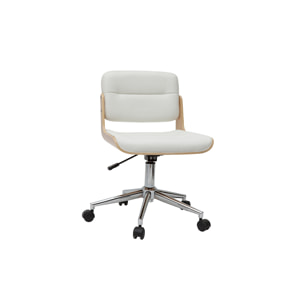 Chaise de bureau à roulettes design blanc, bois clair et acier chromé ARAMON