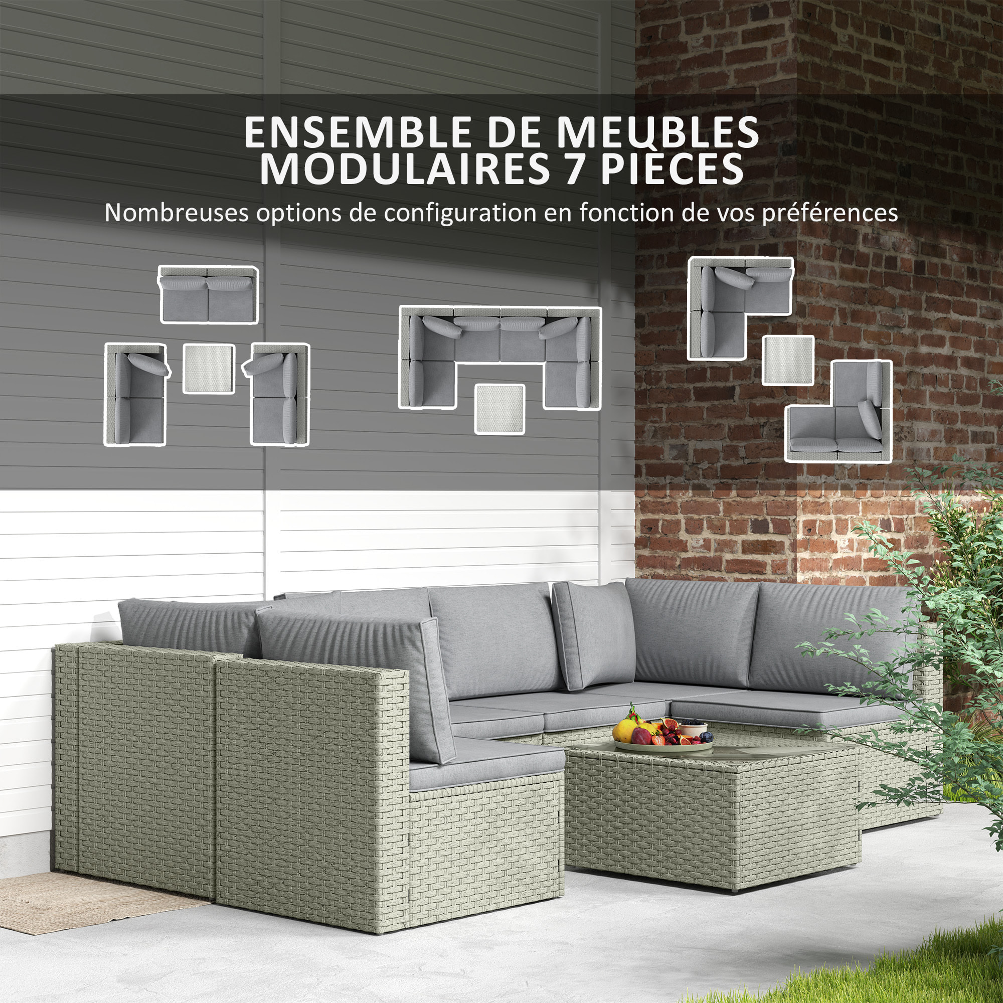 Ensemble salon de jardin modulable 6 personnes avec table basse résine tressée effet rotin gris