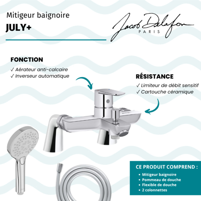 Mitigeur baignoire July+ + pommeau de douche Metro + flexible de douche lisse + colonnettes