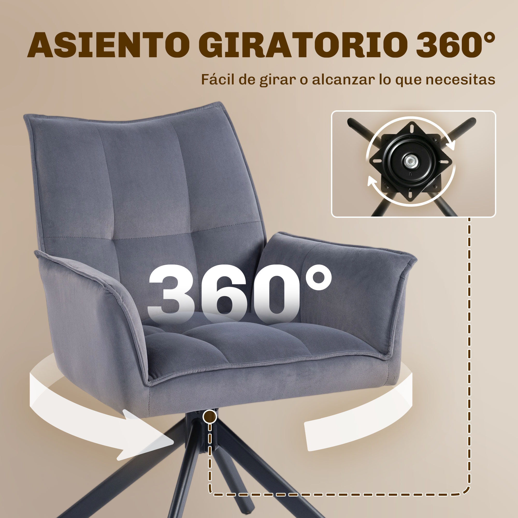 Juego de 2 Sillas de Comedor Giratorias 360°, Sillas de Cocina con Reposabrazos, Respaldo Acolchado, Tapizado en Terciopelo, Patas de Acero, para Oficina, Conferencia, Sala de Estar, Gris