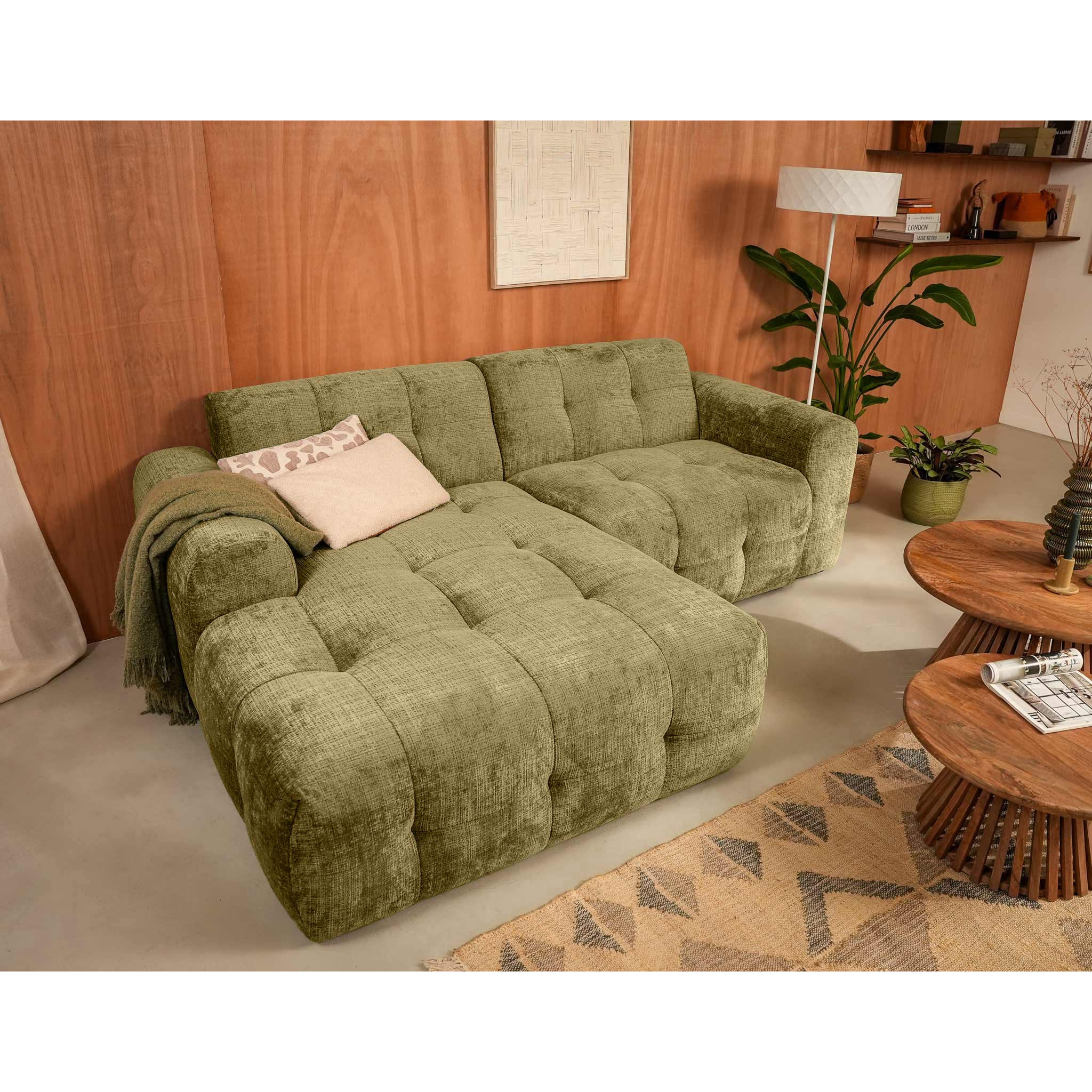 Diane - Canapé d'angle gauche 4 places en velours texturé - Vert Kaki