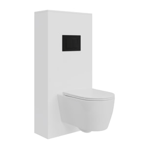 Pack Wc Suspendu + Châssis + Boîtier de Support Blanc | Toilette Blanc Brillant | Bouton Noir | Réservoir Encastré | Couvercle Amorti | Alday