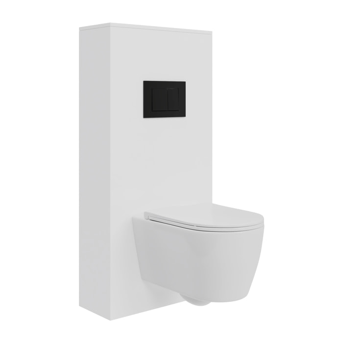 Pack Wc Suspendu + Châssis + Boîtier de Support Blanc | Toilette Blanc Brillant | Bouton Noir | Réservoir Encastré | Couvercle Amorti | Alday