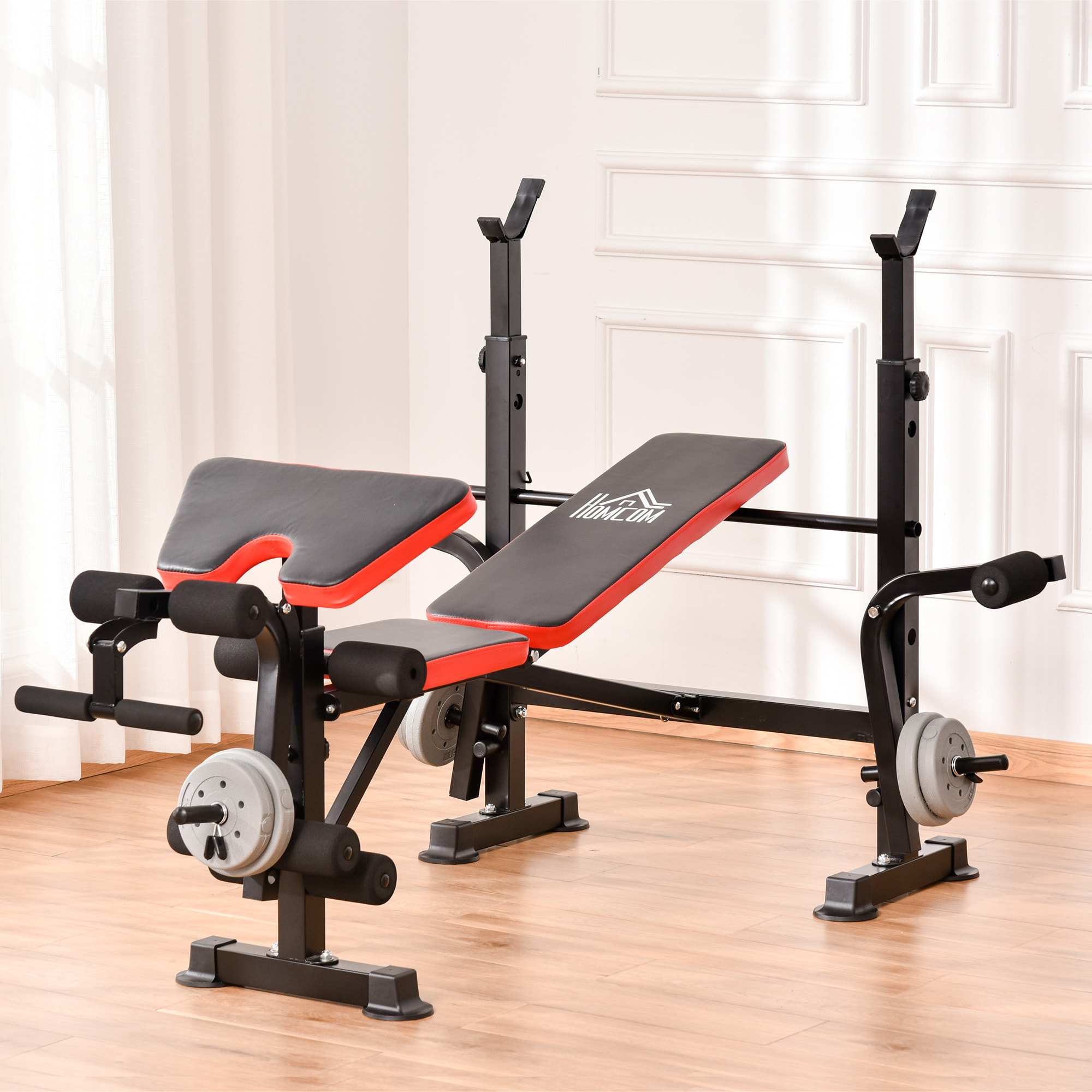 Banc de musculation Fitness entrainement complet avec support d'haltères dossier réglable acier noir rouge