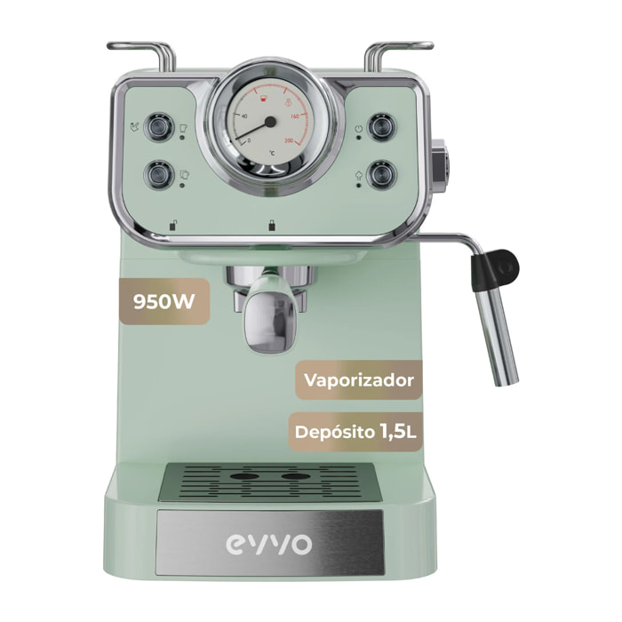 EVVO Cafetera Express Intensa Retro. 15 bares. cuerpo de acero. Espressos y Capuccinos. 950W. Doble salida. Portafiltros. Depósito de 1.5 l. calentamiento rápido
