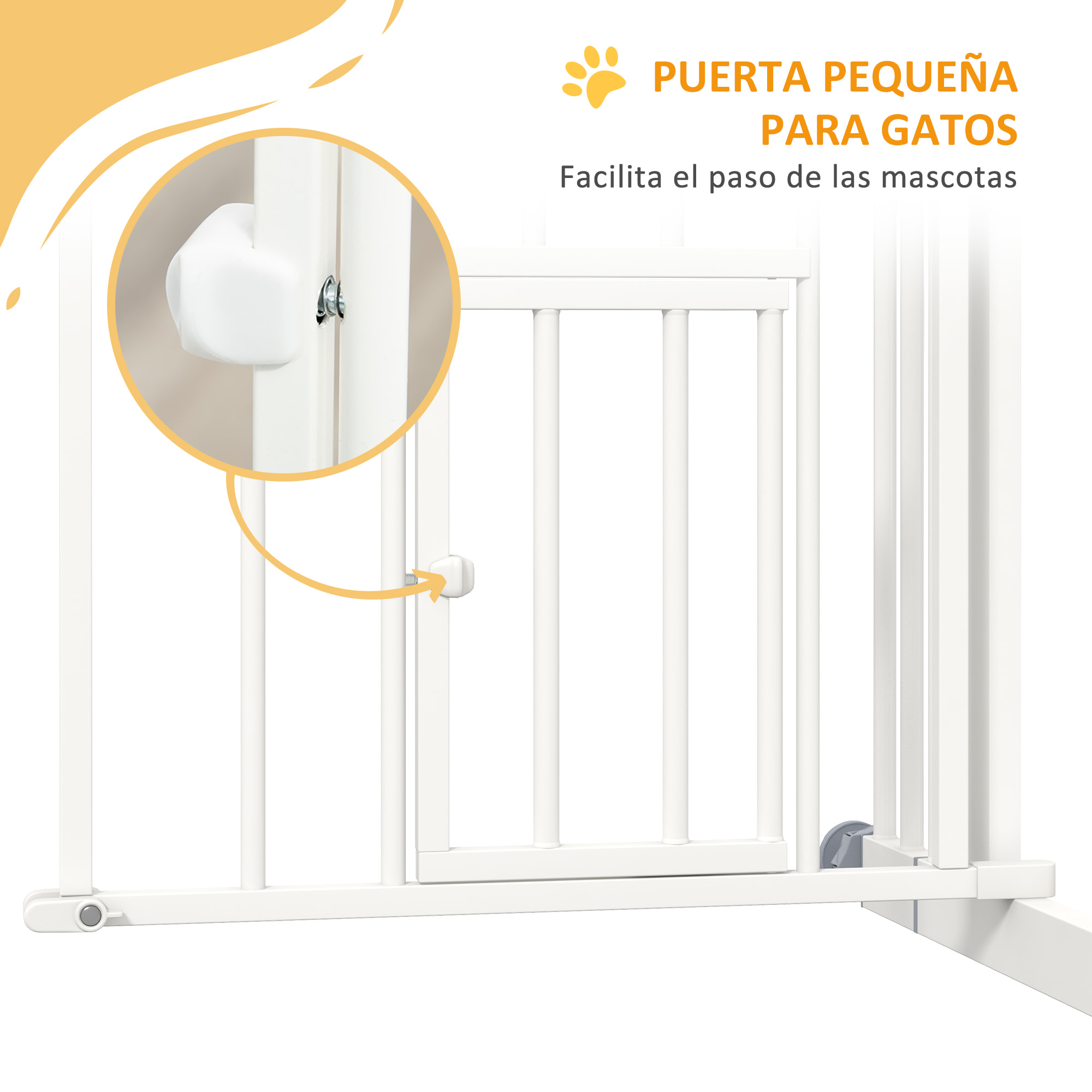 Barrera de Seguridad para Perros Extensible 74-80 cm, para Puertas y Escaleras, Barrera para Perros con Montaje a Presión, Puerta Pequeña y Doble Bloqueo, Blanco