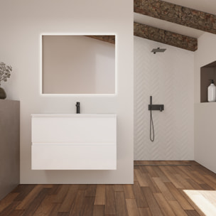 Conjunto de Baño Kaji | Mueble de Baño Suspendido | 100 cm Blanco| Dos Cajones | Lavabo Encastrado | No incluye Espejo | Alday