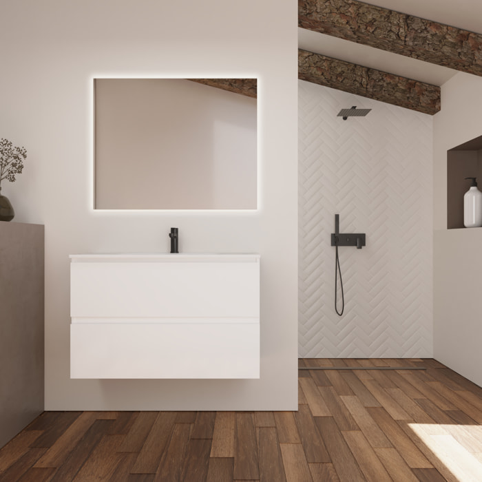 Conjunto de Baño Kaji | Mueble de Baño Suspendido | 100 cm Blanco| Dos Cajones | Lavabo Encastrado | No incluye Espejo | Alday