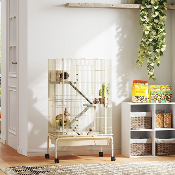 Cage mobile hamster rongeur furet 4 niveaux - 2 portes 3 rampes bac profond roulettes gamelle biberon - 69 x 44 x 120 cm - beige