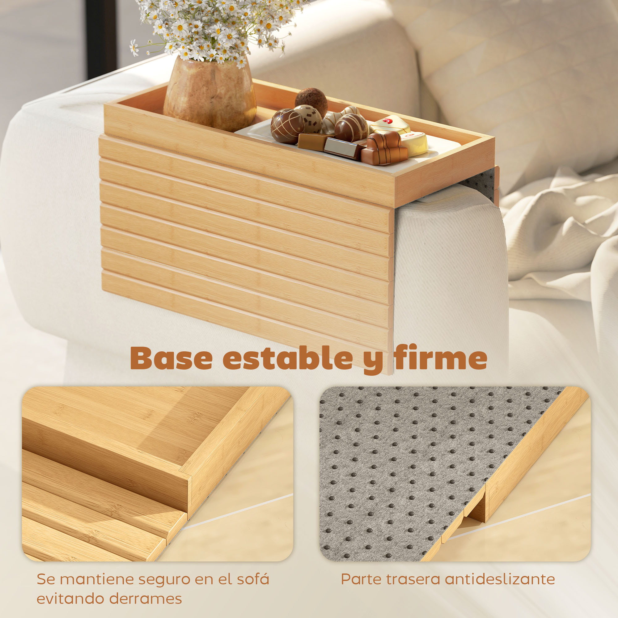 Bandeja de Brazo para Sofá de Bambú, Bandeja para Reposabrazos de Sofá Plegable y Flexible, con Base Antideslizante, Mesa Lateral para Aperitivos, Teléfonos, Mandos y Bebidas, Natural