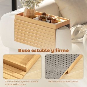 Bandeja de Brazo para Sofá de Bambú, Bandeja para Reposabrazos de Sofá Plegable y Flexible, con Base Antideslizante, Mesa Lateral para Aperitivos, Teléfonos, Mandos y Bebidas, Natural
