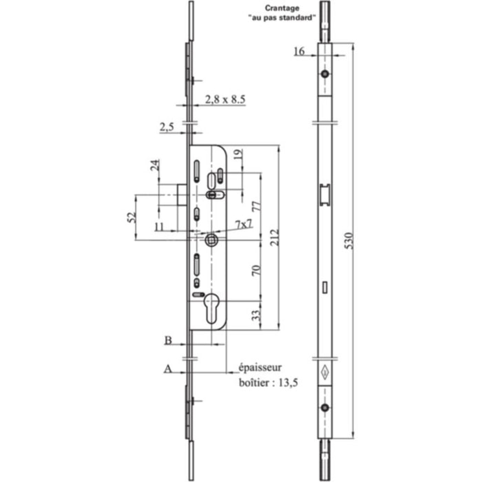 Crémone barillet F35 L.530 mm MAP ajustable haut et bas - 3555