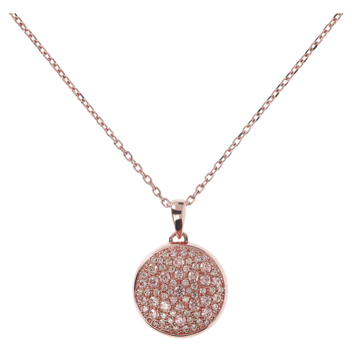 Collana Lunga Catena Forzatina con Pendente Tondo in Pavé di Cubic Zirconia Rosa