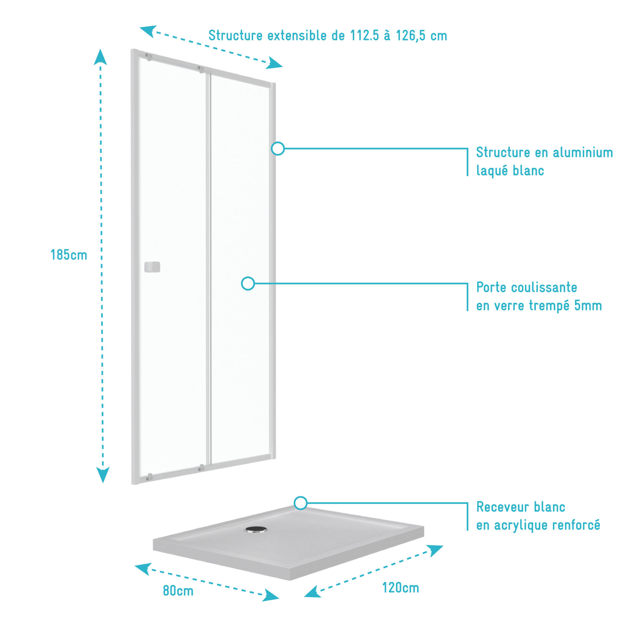 Pack porte de douche coulissante blanc 120x185cm + receveur 120x80 - WHITY SLIDE