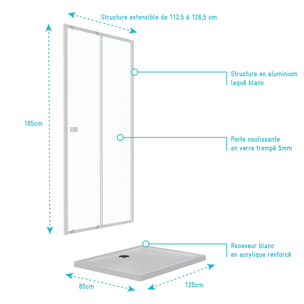 Pack porte de douche coulissante blanc 120x185cm + receveur 120x80 - WHITY SLIDE