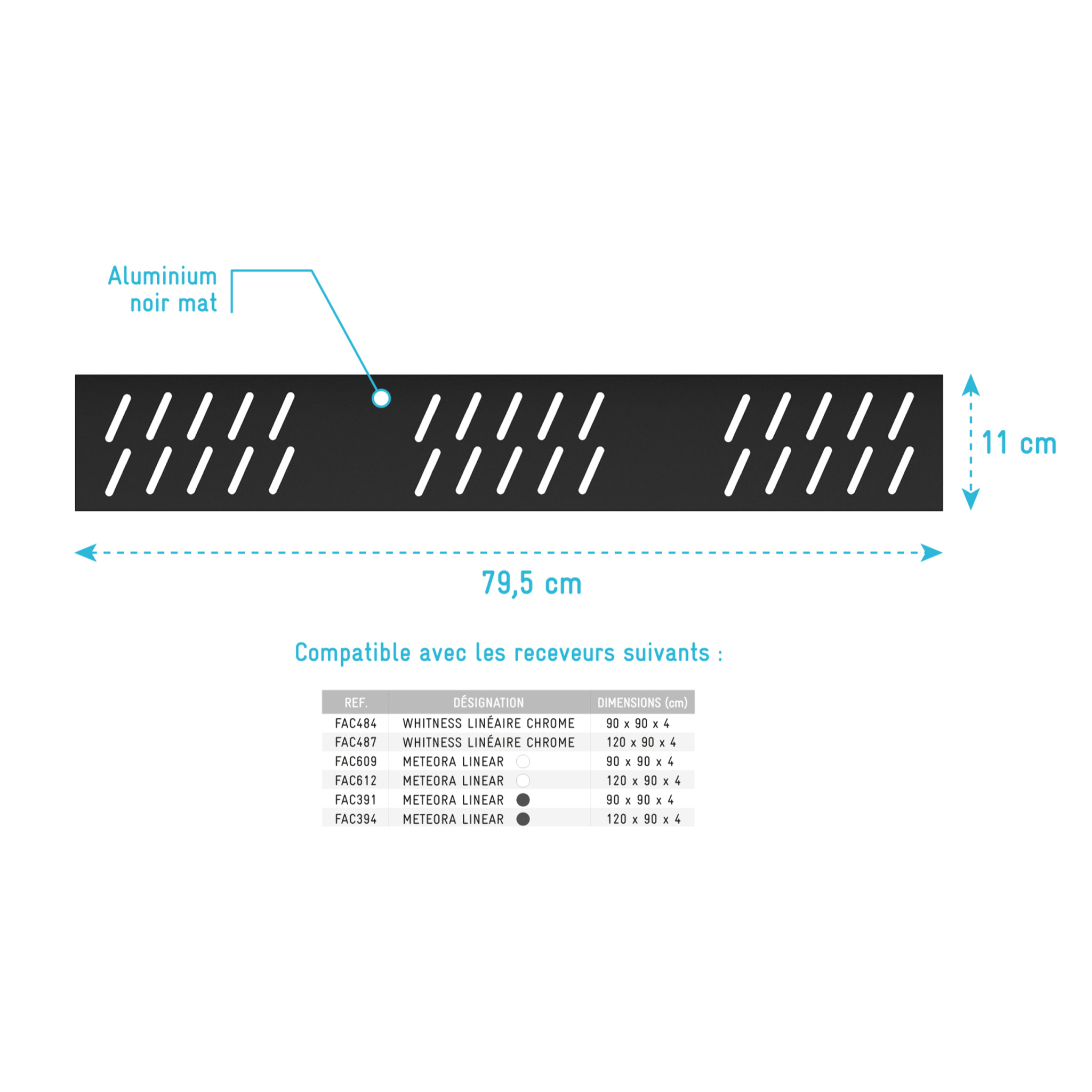Grille linéaire en Aluminium finition Noir Mat pour receveur - 79.5x11x0.2cm - GRID LINE BLACK MAT
