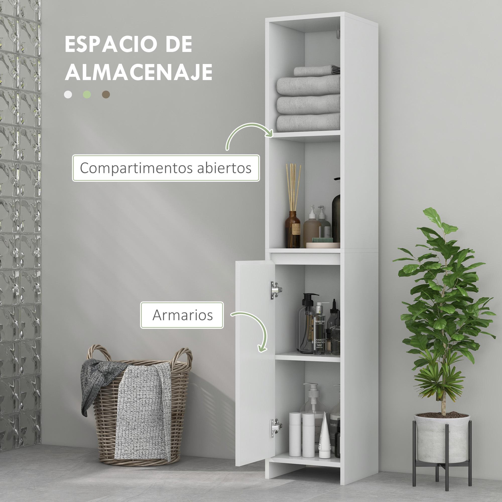 Armario Alto de Baño Columna Auxiliar de Baño Armario de Baño con Puerta 2 Estantes Abiertos Antivuelco Estilo Moderno 30x30x160 cm Blanco