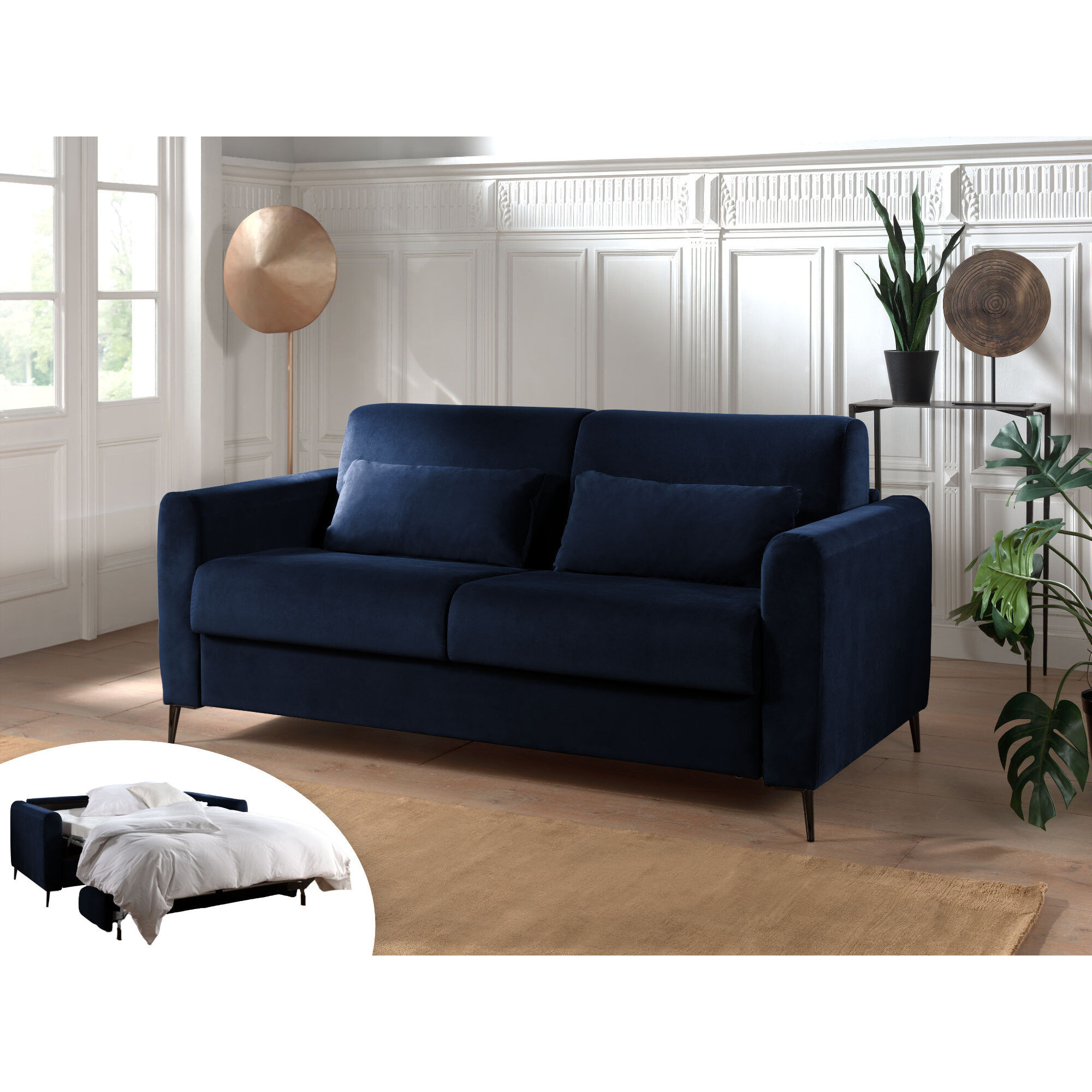 Owen - canapé lit 3 places convertible express couchage quotidien 140 cm matelas 12 cm en velours - Bleu nuit