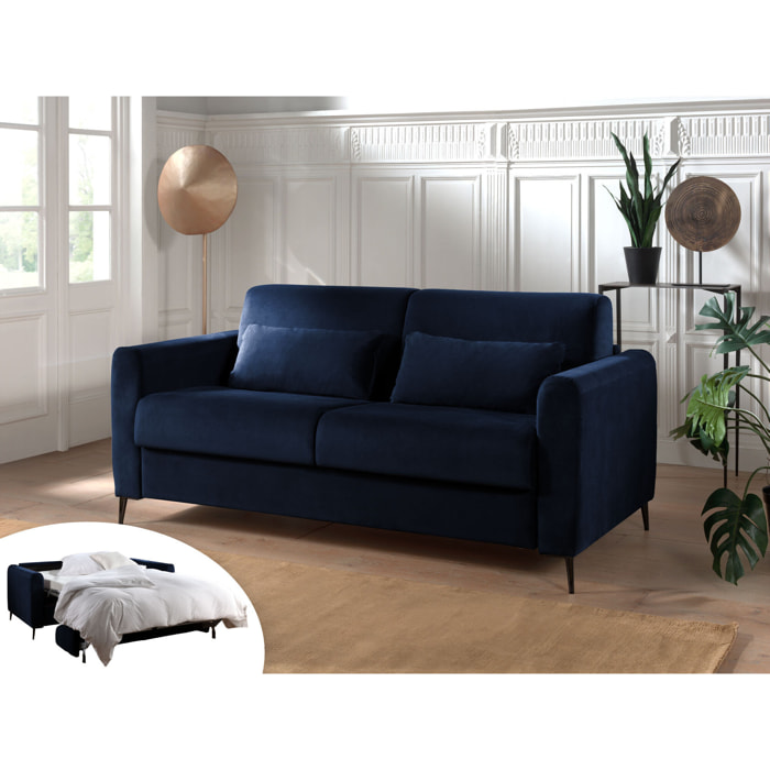 Owen - canapé lit 3 places convertible express couchage quotidien 140 cm matelas 12 cm en velours - Bleu nuit