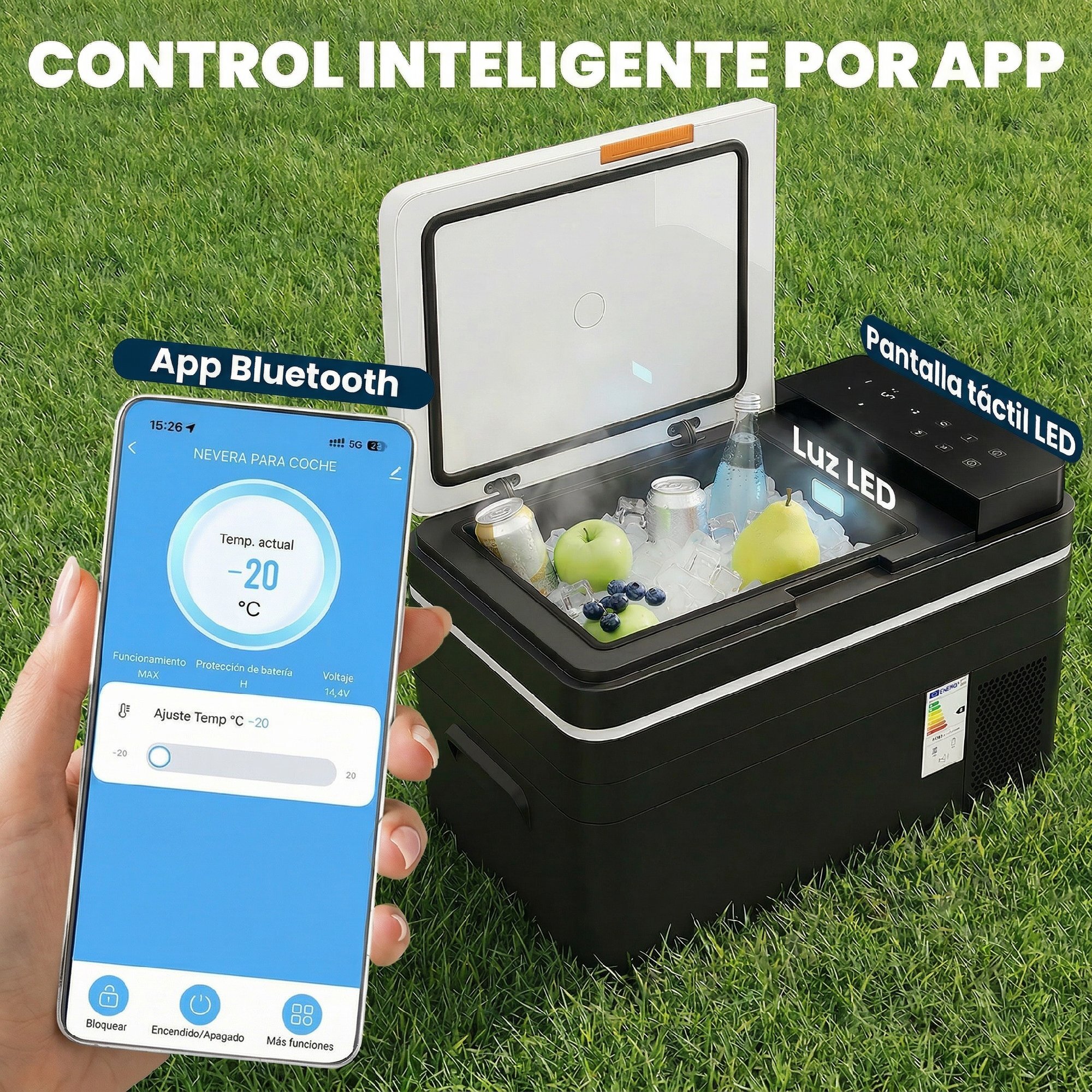 Nevera Portátil Eléctrica 30L 12/24/240V Refrigerador de Coche con Compresor Control por App Bluetooth Pantalla Luz LED Modos ECO y MAX de -20℃ a +20 ℃ Asa Carga 300 kg para Camión Camping