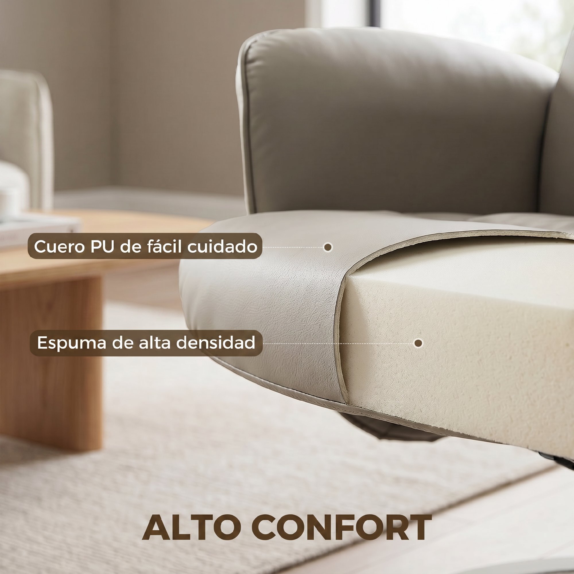 Sillón Relax Reclinable con Reposapiés, Sillón Relax de Cuero Sintético con Respaldo Alto, Giratorio 360°, Reposabrazos, para Salón, Dormitorio, Beige Gris