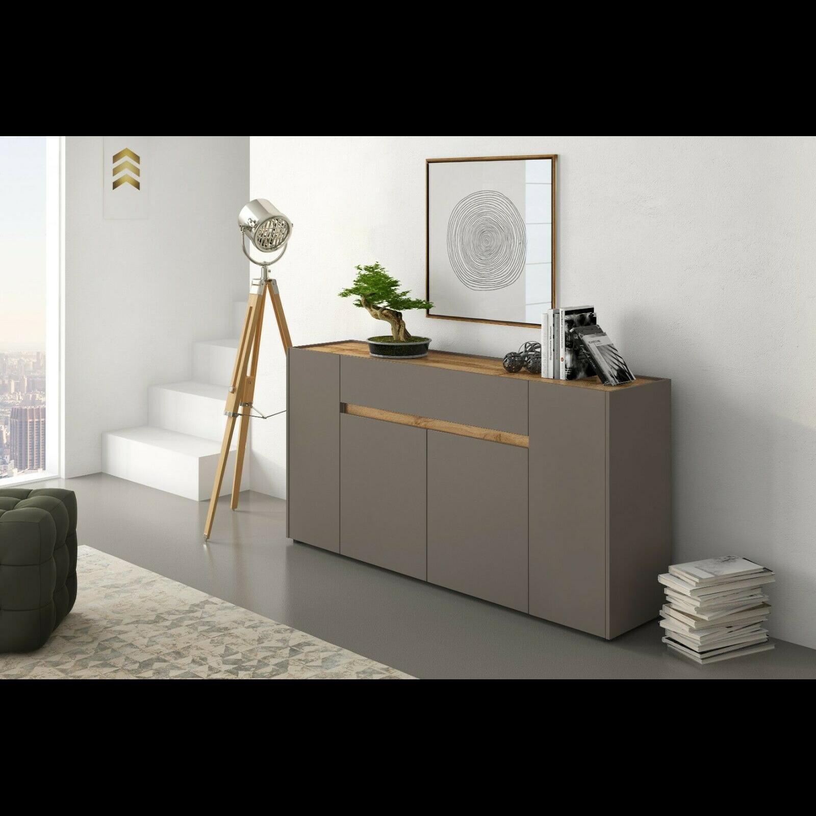 Credenza Moderna Madia In Melaminico Con 4 Ante E 1 Cassetto Mobile Contenitore Sala da Pranzo Soggiorno Design Senza Maniglie 170x85x40 cm Beige