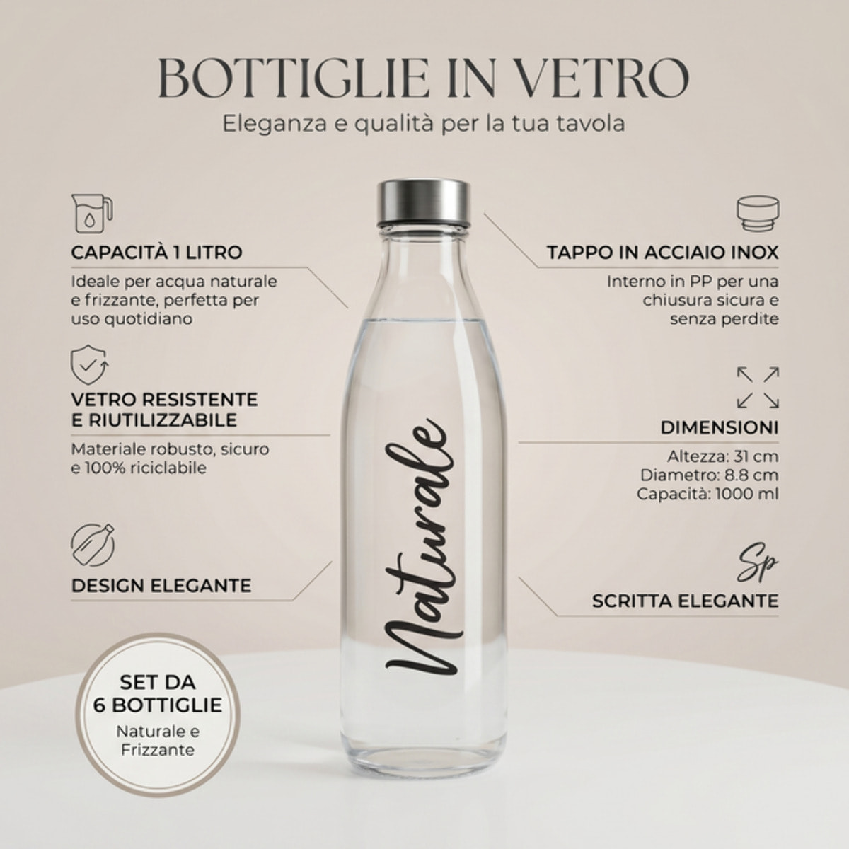Set 6 bottiglie in vetro da 1 litro con tappo in acciaio inox, bottiglie per acqua naturale e frizzante, resistenti e riutilizzabili, design elegante per tavola e frigorifero, facili da pulire, ideali per casa ristorante e ufficio