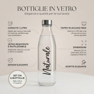 Set 6 bottiglie in vetro da 1 litro con tappo in acciaio inox, bottiglie per acqua naturale e frizzante, resistenti e riutilizzabili, design elegante per tavola e frigorifero, facili da pulire, ideali per casa ristorante e ufficio