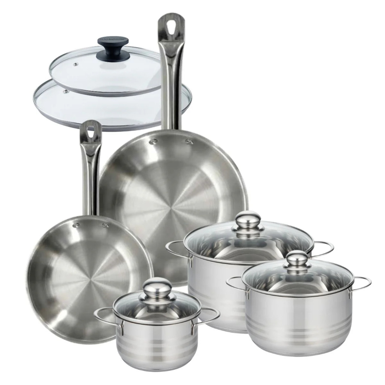 Set 2 poêles 24 28 cm en inox et 2 couvercles verre, 3 faitouts inox 16, 20 et 24 cm Fackelmann Eterna