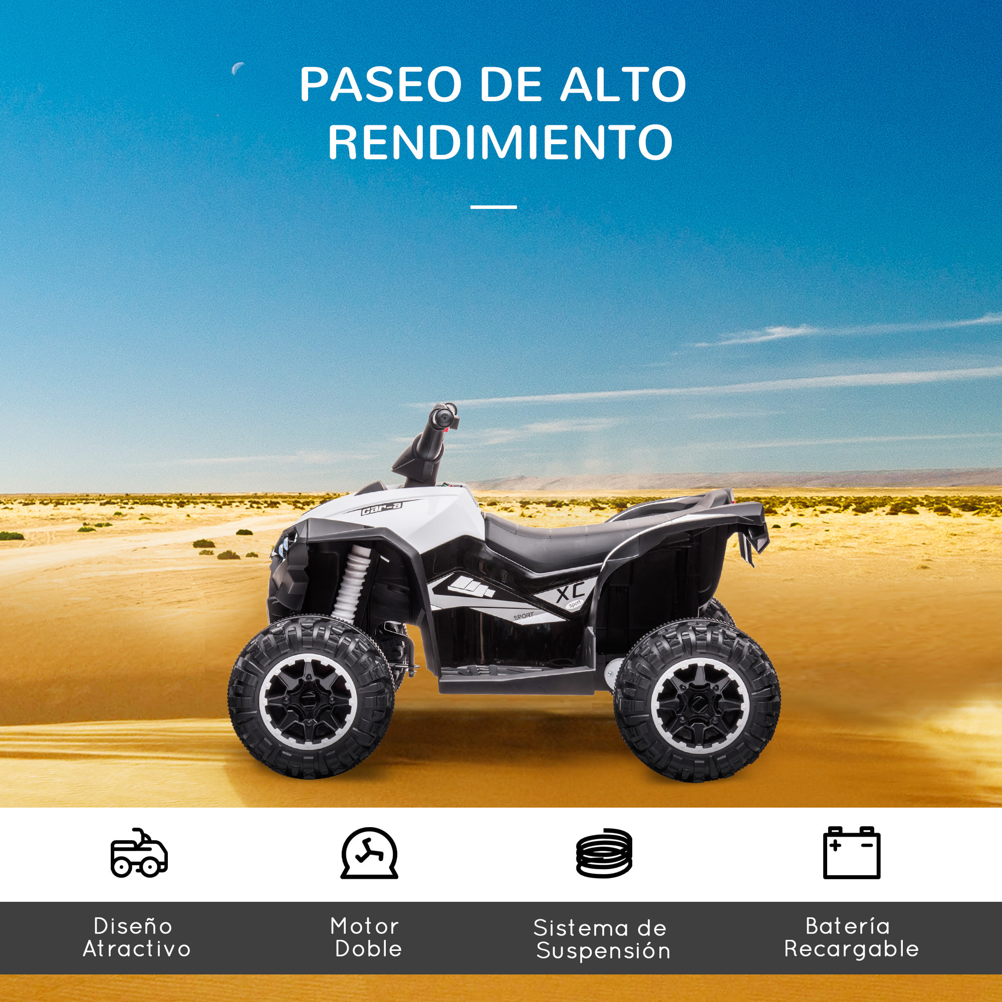 Quad Eléctrico para Niños de 3-5 Años Vehículo Eléctrico a Batería 12V con 2 Motores Faros Bocina Música Velocidad Ajustable Avance y Retroceso 83x53x55,5 cm Blanco