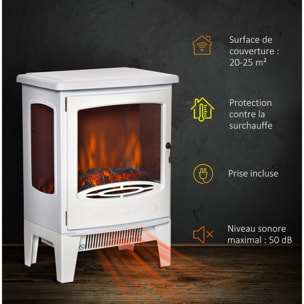 Cheminée électrique poêle style néo-rétro 1000-2000 W simulation flammes LED luminosité réglable acier ABS blanc