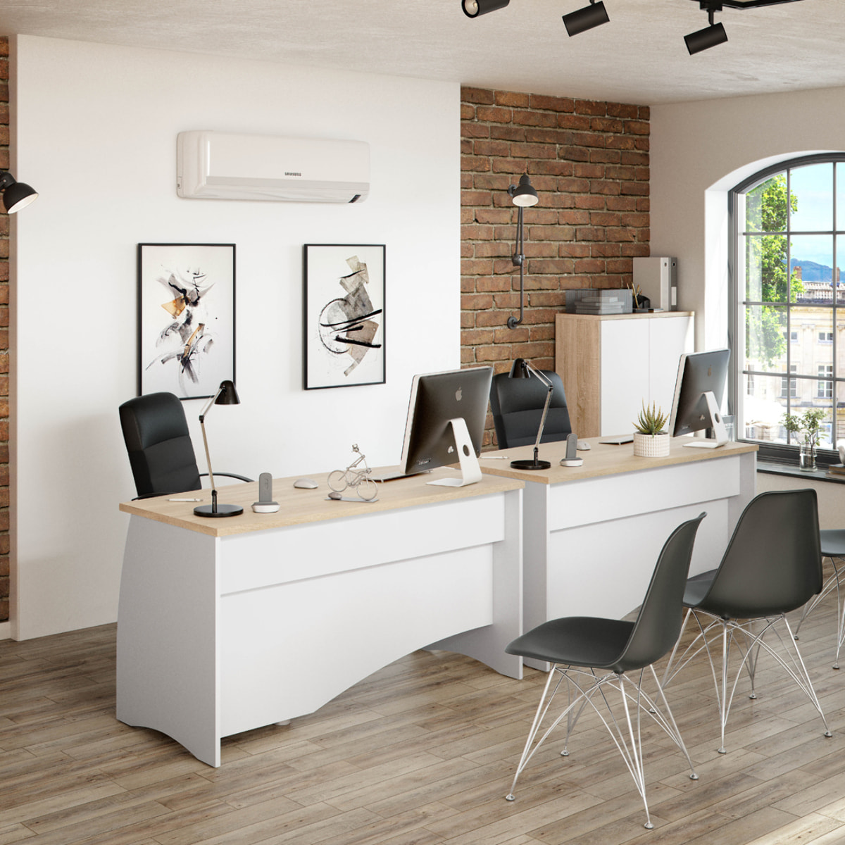 Mesa Escritorio Argon 74x136x67 Cm Blanco Artik Y Roble