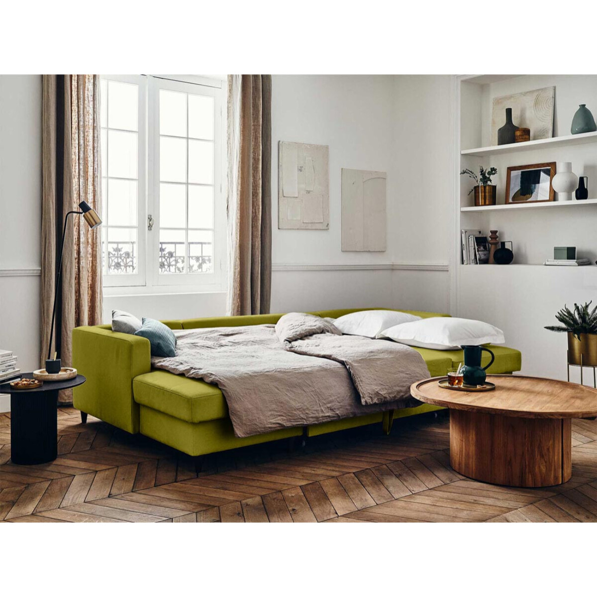 Anna - canapé panoramique en U - 7 places - convertible avec coffre - en velours - Vert Olive