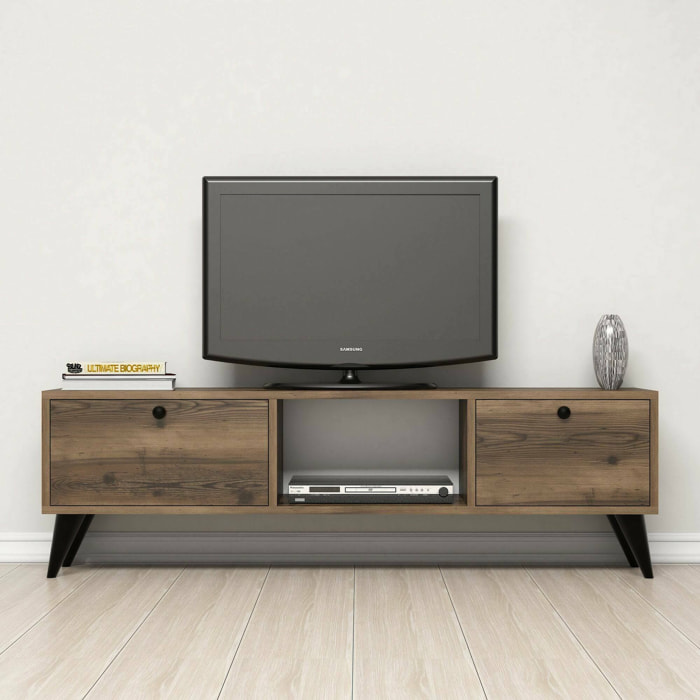 Mobile porta TV Bloem, Credenza da soggiorno, Armadio basso per TV, Base parete attrezzata, 138x30 h43 cm, Noce e Nero