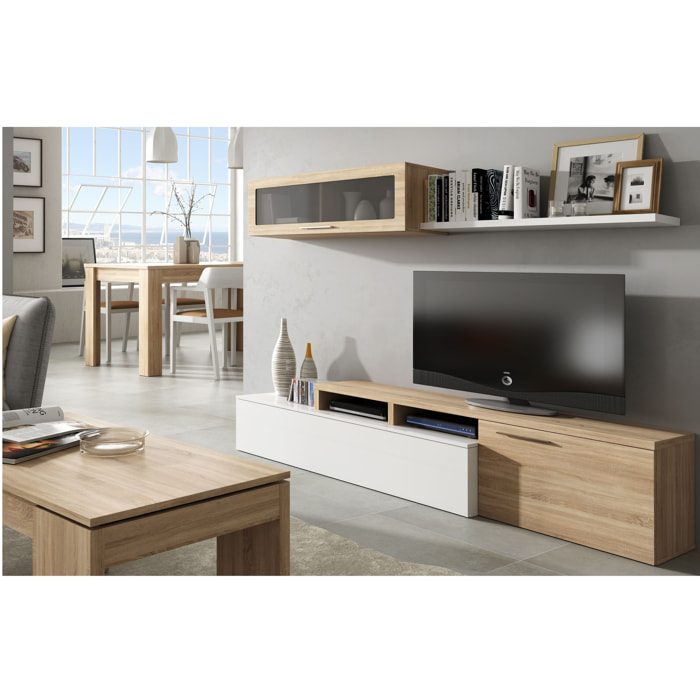Parete Attrezzata Soggiorno Moderna Salotto con Mobile TV Modulo Sospeso Anta in Vetro Fumé Mensola Scandinavo Moderno 200x43x41 Cm Bianco Rovere
