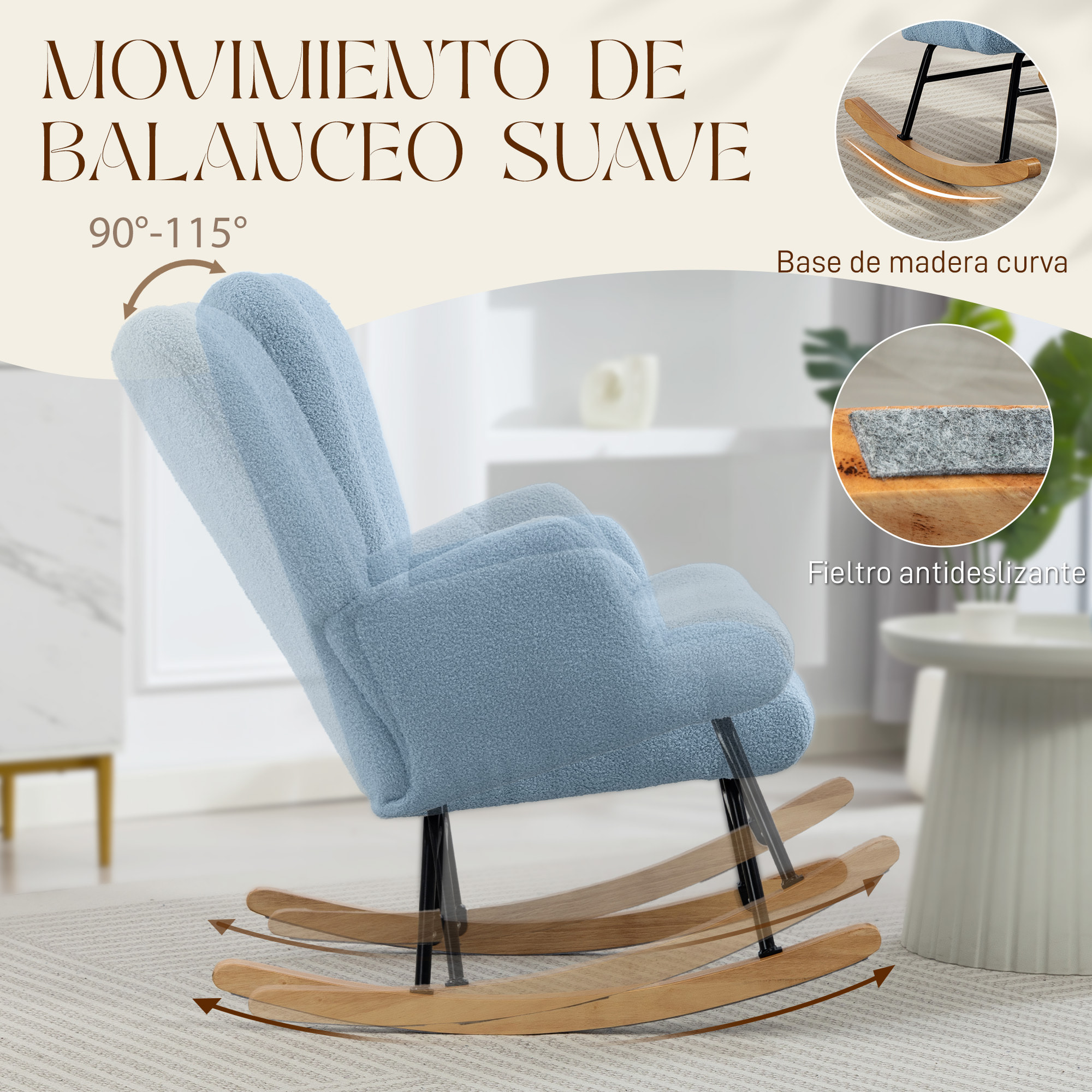 Silla Mecedora, Mecedora de Terciopelo de Teddy con Respaldo Alto, Patas de Madera de Caucho, Reposabrazos, Estilo Moderno, Sillón de Lactancia, Carga 120 kg, para Dormitorio, Salón, Azul Claro
