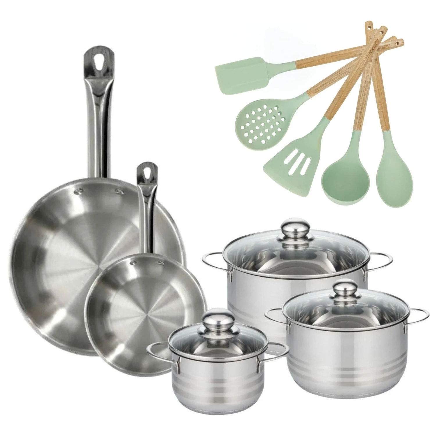 Lot 2 Poêles 20/28cm et 3 Faitouts 16/20/24cm Fackelmann Etherna avec 5 ustensiles