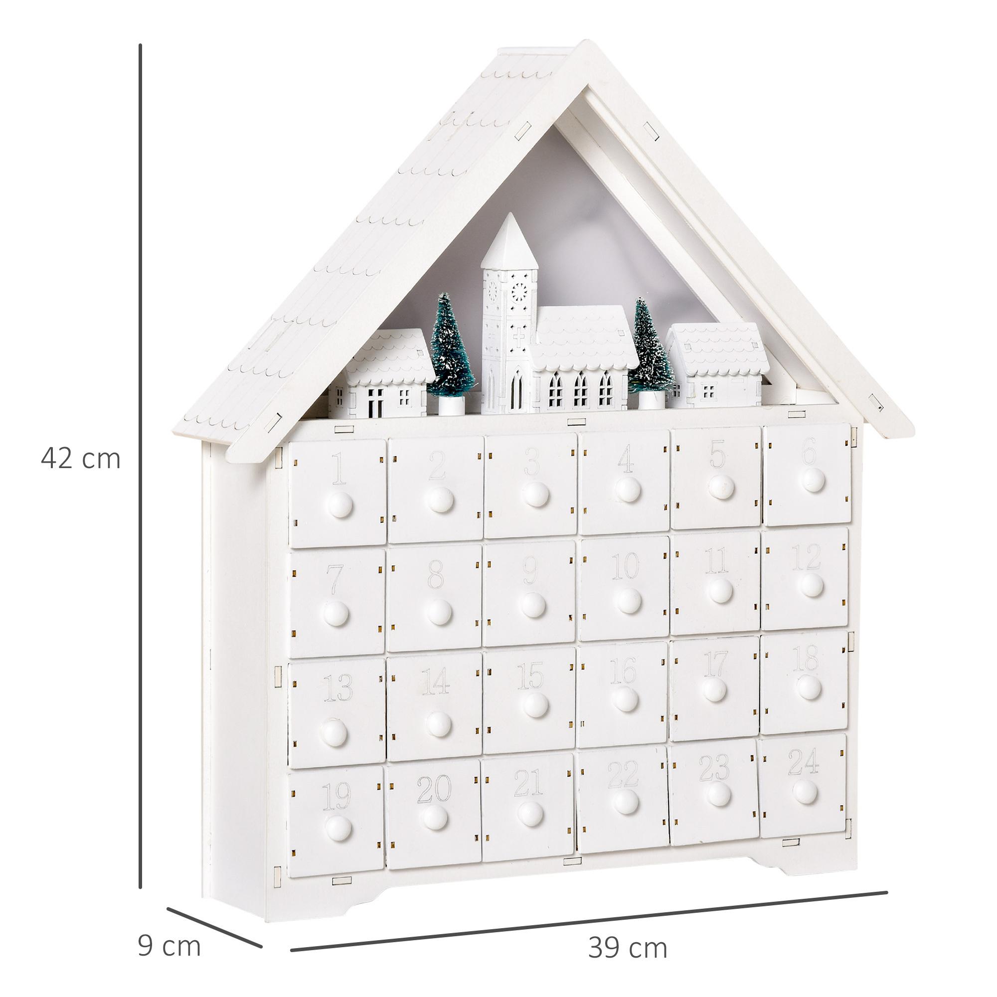 Calendario de Adviento de Navidad Madera con 24 Cajones y Luces LED Decoración Navideña Modelo Casita 39x9x42 cm Blanco